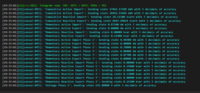 Loggutdragsbild som visar mätdata från sensorer, innehållande kWh, kW, kvarh och volt uppdelat på olika faser med tre decimalers noggrannhet.