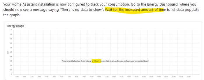 Graf över energianvändning med text som säger "There is no data to show. It can take up to 2 hours for new data to arrive after you configure your energy dashboard.