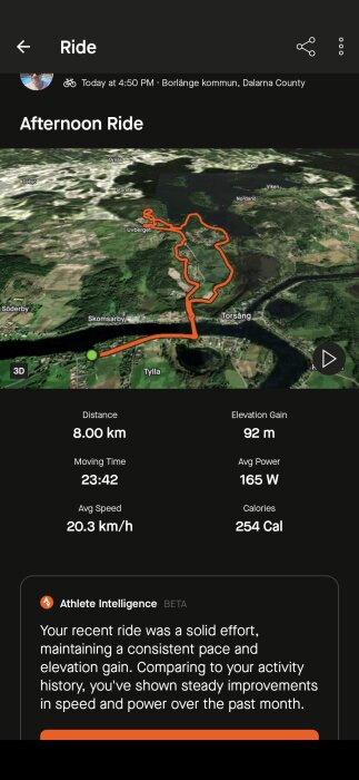 Karta över cykelrunda i Borlänge med statistik: 8 km distans, 92 m stigning, 23:42 i tid, 20.3 km/h medelhastighet, 165 W kraft, 254 Cal förbrända.