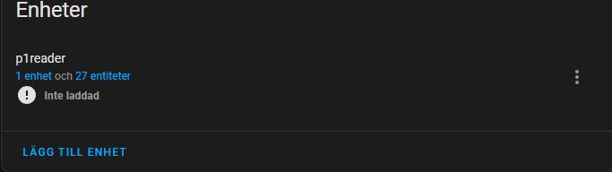 Gränssnitt för enheter med "p1reader", visar 1 enhet och 27 entiteter, med varning "Inte laddad" och alternativet "Lägg till enhet".