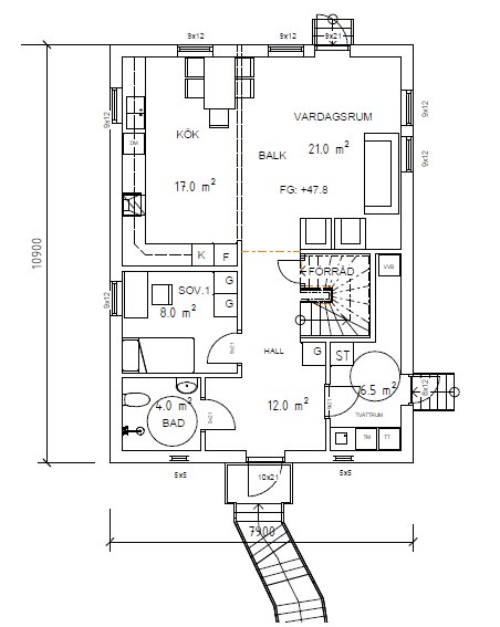 Ritning över första våningen av ett 2-plans trähus med kök, vardagsrum, sovrum och badrum, inklusive mått och planlösning.