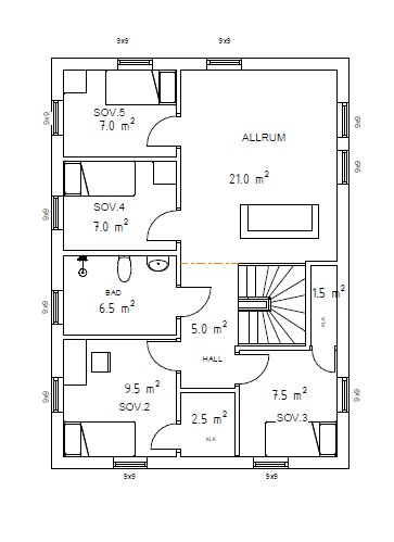 Planskiss av ett tvåplans trähus på 88m2 per plan, visar allrum, sovrum, badrum och hall.