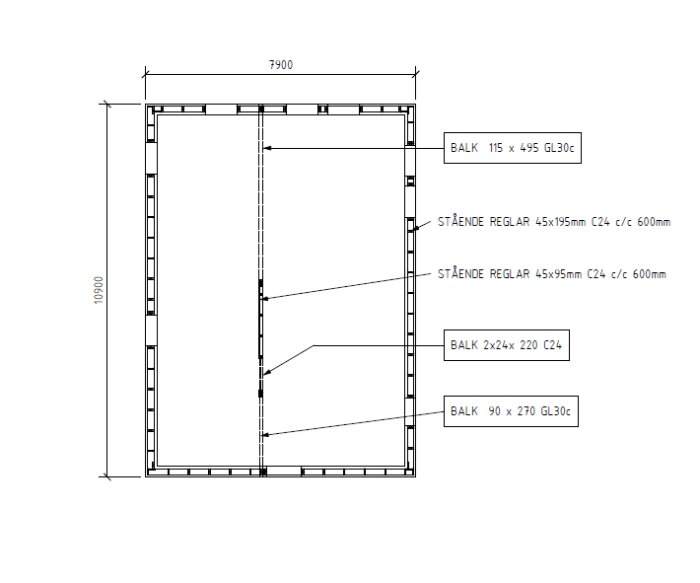 Ritning av tvåplans trähus med mått 7900x10900, innehållande detaljer om balkar och reglar, inklusive dimensioner och materialkvalitet.