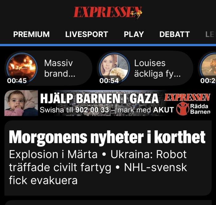 Svensk nyhetsrubrik om explosion, robotattack i Ukraina och NHL-spelare som evakuerats, samt uppmaning att hjälpa barnen i Gaza.