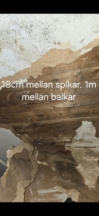 Urslitet innertak med synliga träbalkar, text "18cm mellan spikar. 1m mellan balkar" skrivet över bilden.