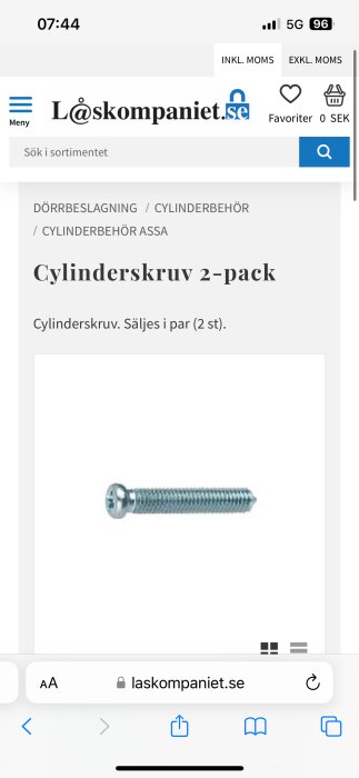 Bild av cylinderskruv från Låskompaniet, säljes i 2-pack. Används för cylinderinstallationer i dörrar.