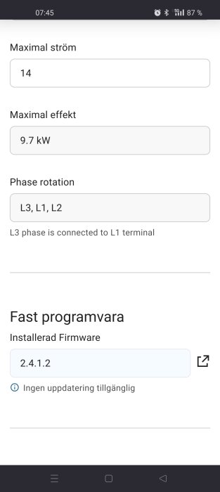 Skärmdump av inställningar för maximal ström (14), effekt (9.7 kW), fasrotation (L3, L1, L2), samt installerad firmware (2.4.1.2).