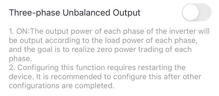 Inställning för "Three-phase Unbalanced Output" med beskrivning om att varje fas anpassar uteffekten för att undvika krafthandel. Funktionen kräver omstart.