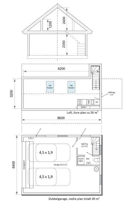 Ritning av dubbelgarage med loft, mått 49 m², inkluderar garageport, loft på 26 m², badrum, och kök. Garaget har elcentral och varmvattenberedare.