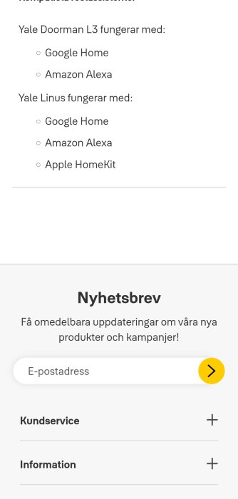 Text som visar vilka smarta hem-system Yale Doorman L3 och Yale Linus kan fungera med, inklusive Google Home och Apple HomeKit.