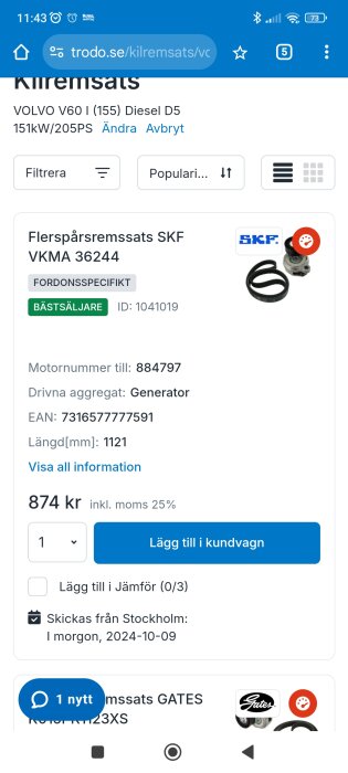 Skärmbild av en bildelsshop, som visar Flerspårsremsats SKF VKMA 36244 för Volvo V60 med priset 874 kr och information om motornummer och leveransdatum.