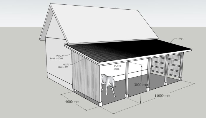 3D-modell av en byggnad med sadeltak, profilerad plåt, limträbalkar och måttangivelser, visar möjliga byggmaterial för ett projekt.