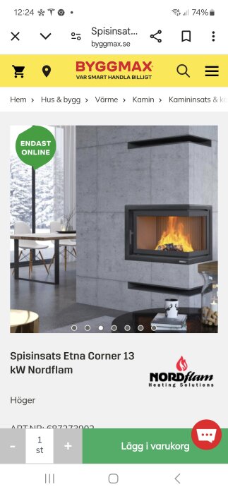 Modern hörnmonterad kamin med glasruta av märket Nordflam, modell Etna Corner 13 kW, visas i ett stilrent rum med snöutsikt.