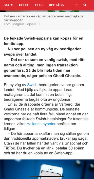 Tidningsartikel om polisen som varnar för fejkade Swish-appar och bedrägerier, med citat från kommunpolis Ghadi Ghazale.