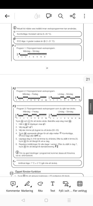 Instruktionsmanual för elementinställningar, med förprogrammerade veckoprogram för temperatur och inställningar, inklusive komfort- och ECO-läge.