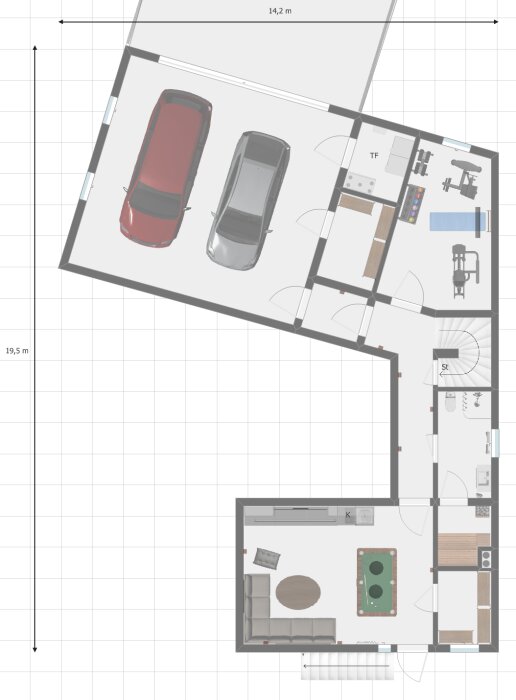 Planskiss över hus med garage, två bilar, gym, bastu och vardagsrum. Visar möblering med soffa och biljardbord. Måttangivelser 14,2 m x 19,5 m.