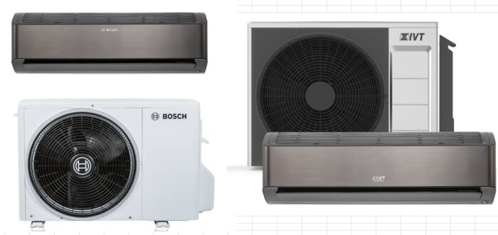 Bosch Climate 810i och IVT 807 Aero luftvärmepumpar med liknande design visas jämte varandra.