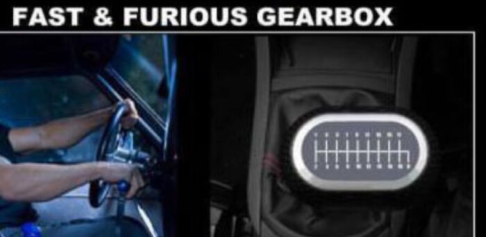 Förare greppar ratten i ett fordon, bredvid en bild av en växellåda med många växlar. Texten "Fast & Furious Gearbox" syns ovanför.