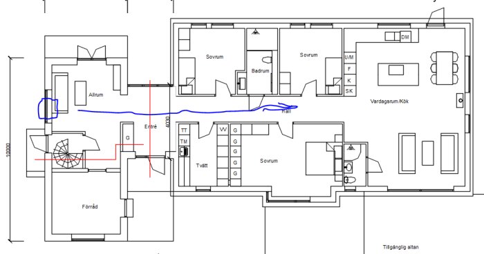 Planritning av bostad med markering för placering av två värmepumpar.