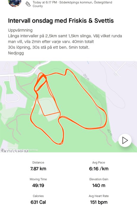 Karta över löprunda med Friskis & Svettis; detaljer inkluderar distans 7.87 km, tid 49:19, hastighet 6:16/km, och höjdökning 140 m.