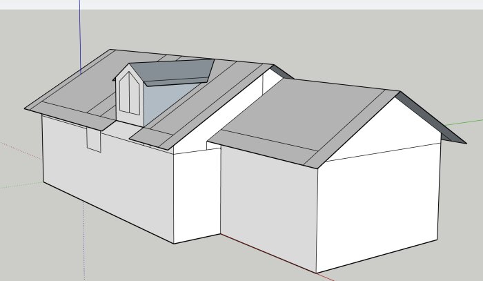 Rendering av ett hus med takkupa och förskjuten takdesign för utbyggnadsplan.