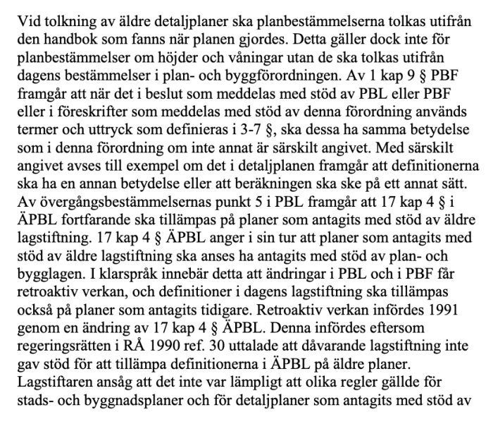 Textdokument som förklarar tolkning av äldre detaljplaner och byggnadshöjd enligt PBF och ÄPBL-regler.