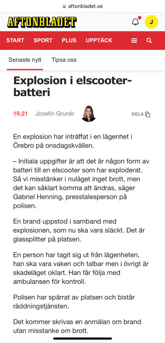 Skärmdump av en artikel från Aftonbladet om en explosion i ett elscooter-batteri i Örebro, med tidstämpel 19.21 och skribentens namn.