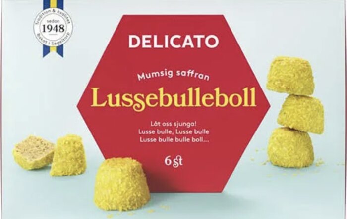 Förpackning med Delicato Lussekulleboll, 6 st saffransbollar.