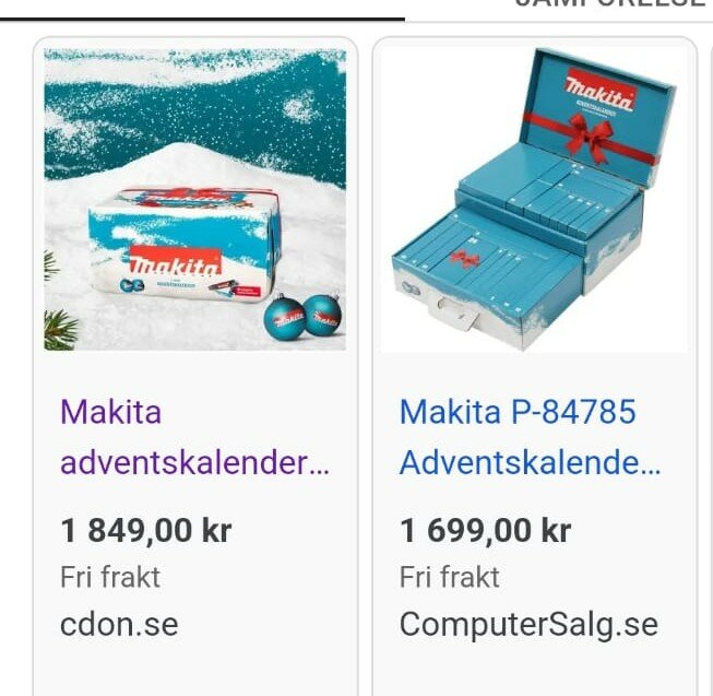 Två annonser för Makita adventskalendrar, en för 1849 kr från cdon.se och en för 1699 kr från ComputerSalg.se, båda med fri frakt.