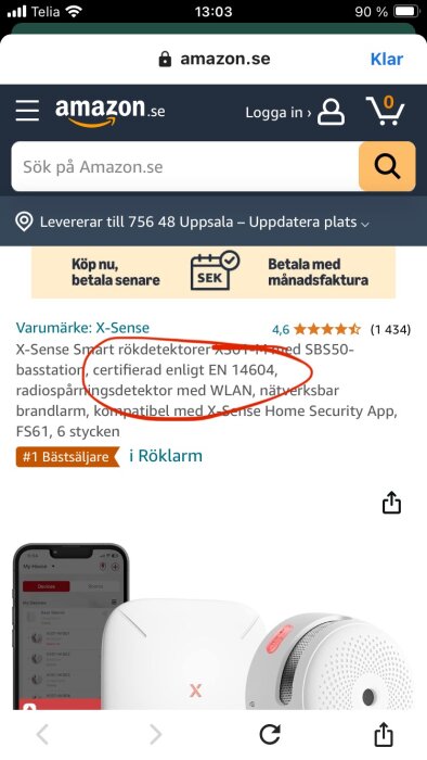 Skärmbild av en Amazon.se-sida med X-Sense smarta rökdetektorer, WLAN-kompatibla, märkta med hög kundbetyg och en notering gjord med röd cirkel.