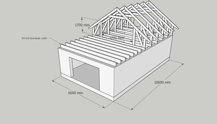 3D-modell av byggnad med 6600 mm spännvidd och kraftiga limträbalkar.