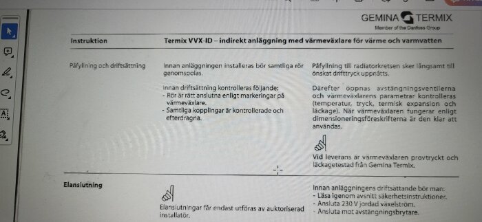 Instruktionssida för Termix VVX-ID värmeväxlare med steg för påfyllning och driftsättning, inklusive kontroll av röranslutningar och kopplingar.