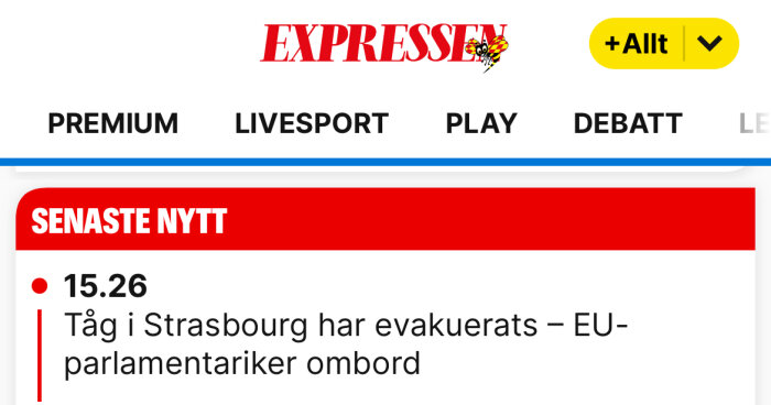 Tidningsrubrik om evakuering av tåg i Strasbourg med EU-parlamentariker ombord.