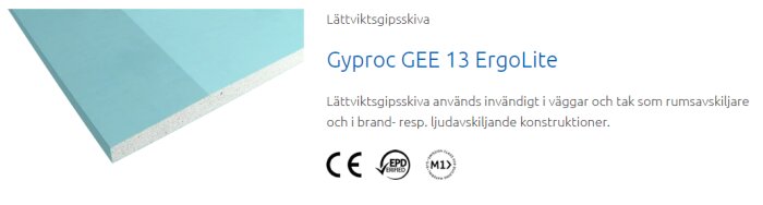 Lättviktsgipsskiva Gyproc GEE 13 ErgoLite för invändig vägg- och takanvändning, med brand- och ljudskiljande egenskaper.