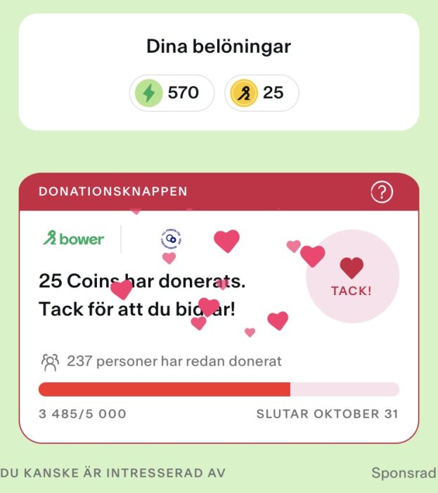 Belöningssida visar 570 gröna och 25 gula poäng, samt en insamling där 25 Coins donerats. 237 personer har bidragit, mål 5000 Coins. Slutar 31 oktober.