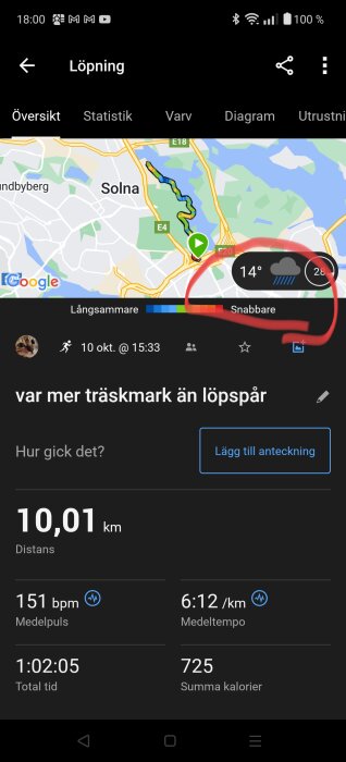 Löpningsanalys med karta över Solna, väderinfo 14°C med regn, 10,01 km sträcka, 151 bpm medelpuls, tempo 6:12/km och 725 kalorier förbrända.