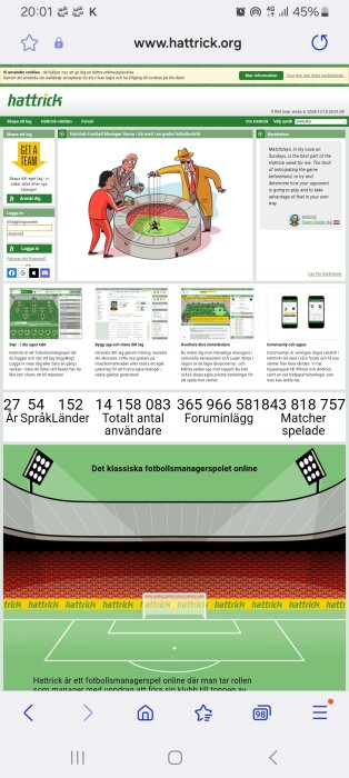 Skärmbild av Hattrick.org, ett fotbollsmanagerspel online, visar användarstatistik, spelbeskrivningar, samt en illustration av en miniatyrfotbollsarena.