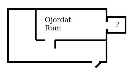 Planlösning över rum med ojordat och anslutande rum markerade, visar potentiell tillbyggnad på sidan.