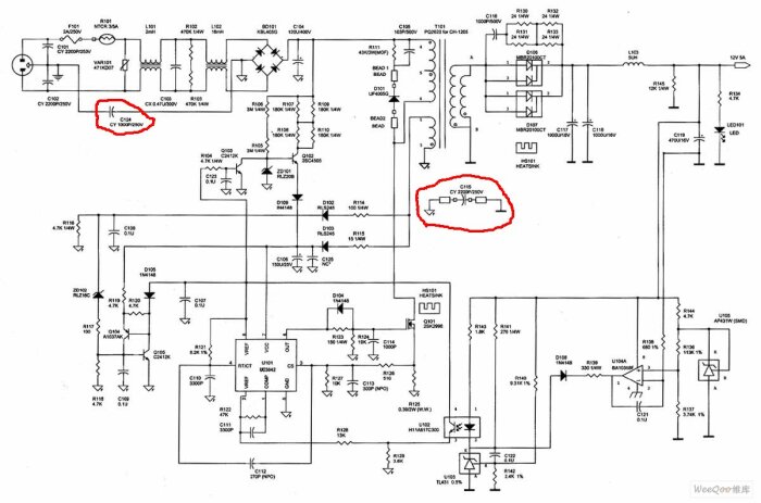 Kopplingsschema med elektroniska komponenter, C124 och C115 markerade med röd cirkel.