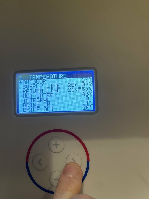 Finger adjusts settings on Thermia Atria heat pump control panel showing supply, return line temperatures and hot water.