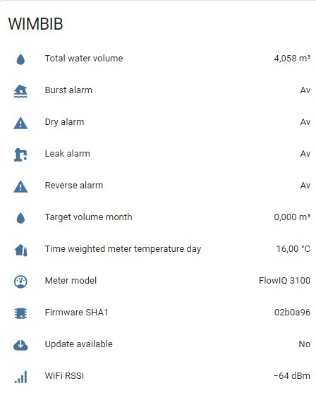 Översikt av vattenmätardata i HA med Wimbib; total vattenvolym, larmstatus, mätare FlowIQ 3100, temperatur, firmware info och WiFi styrka.