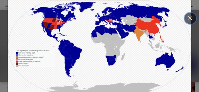 Världskarta som visar lagar om kusinäktenskap, med färger för olika lagstatus: lagligt, begränsat, beroende av kultur, förbjudet med undantag.
