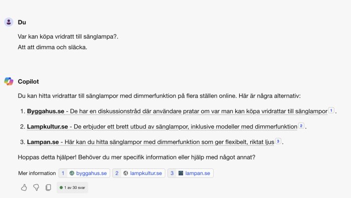 Skärmbild av en dialog med MS Copilot, där tips om var man kan köpa vridrattar till sänglampor diskuteras.