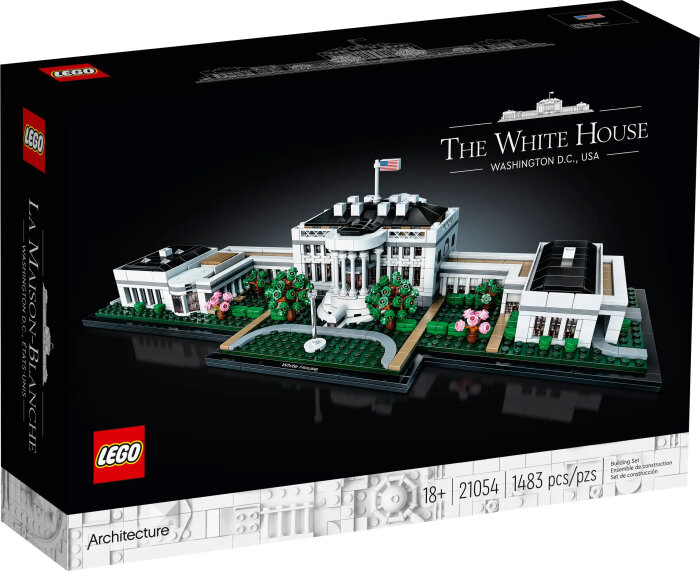 LEGO-byggsats av Vita huset med 1483 bitar från serien LEGO Architecture, avbildad på en svart kartong med motiv av miniatyrbyggnaden.