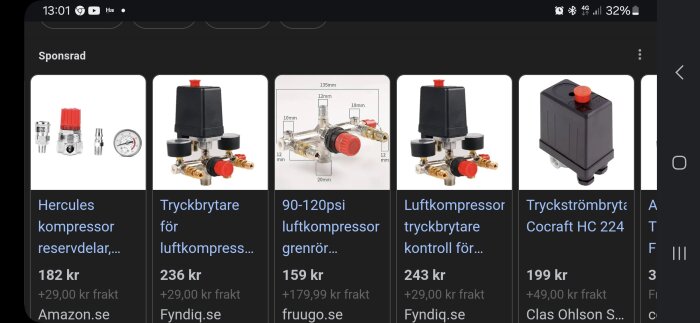 Produktbild av tryckregulator och tryckvakt för luftkompressor grenrör, med flera anslutningar och en tryckmätare, visas med dimensioner.