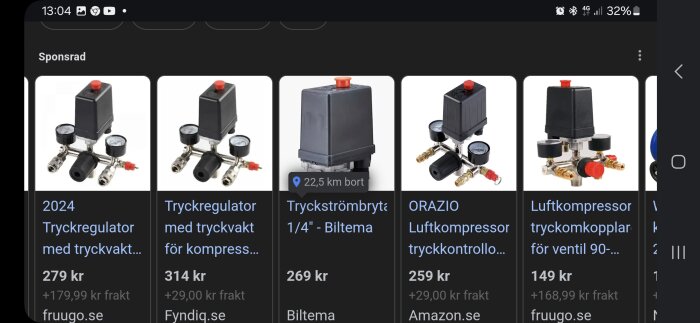 Tryckregulatorer med tryckvakt och två manometrar, monterade på luftkompressor fördelare, visas i olika produktbilder med priser.