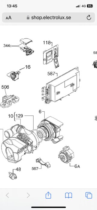 Diagram över diskmaskinsdelar; fokus på cirkulationspump märkt med nummer 6.