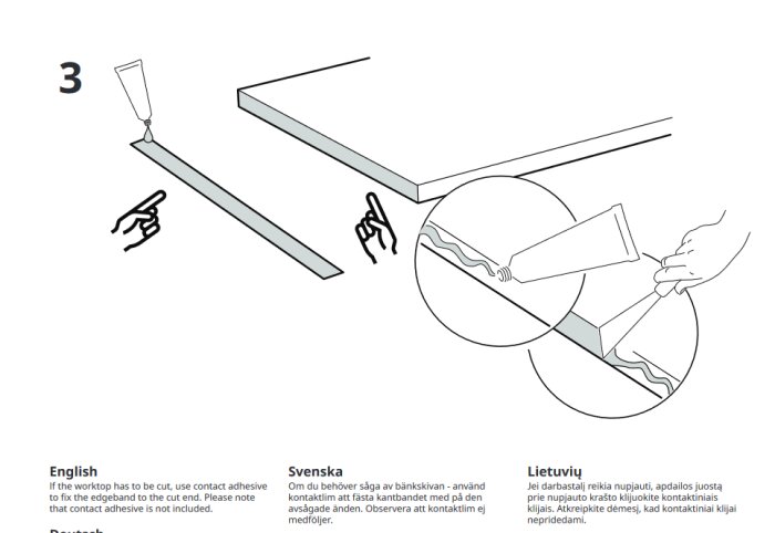 Illustration av att applicera kontaktlim på kantband för bänkskiva enligt IKEAs instruktioner. Instruktioner på flera språk med illustrativ grafik.