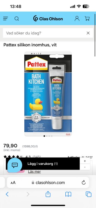 Förpackning med Pattex Bath Kitchen silikon, vit, från Clas Ohlson.