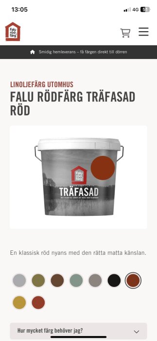 Hink med Falu rödfärg träfasad röd, tydlig etikett med logotyp och färgprover nederst. Text: "Linoljefärg utomhus, klassisk röd nyans.